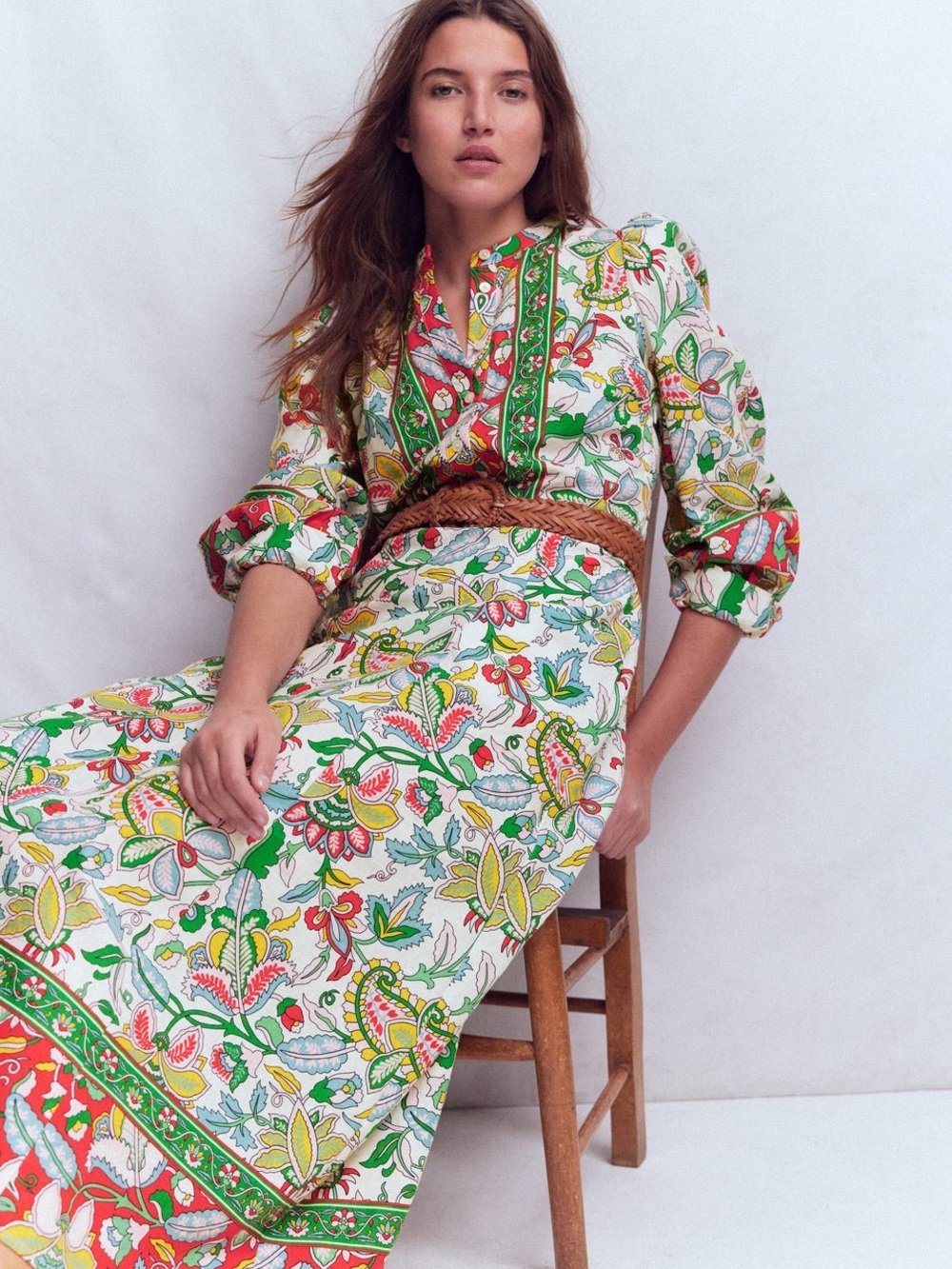 Ava Linen Blend Midi Dress Multi Botanical Trail